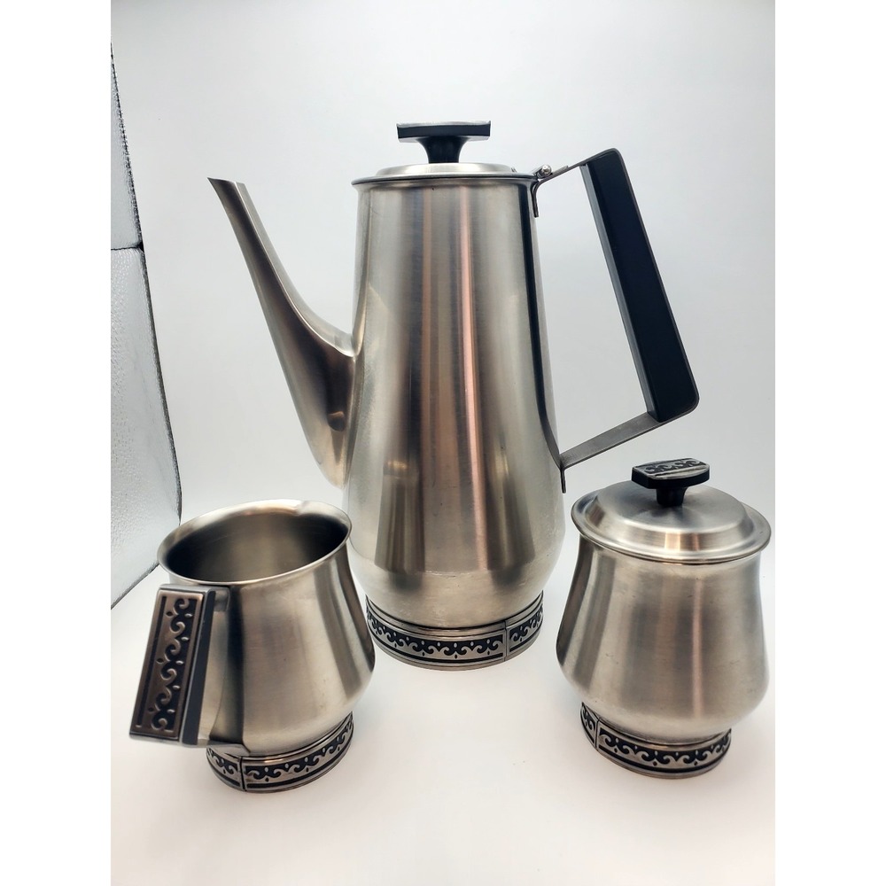 Vintage, Stainless Steel, Mid-Century Modern Coffee /Teapot, Creamer & Sugar